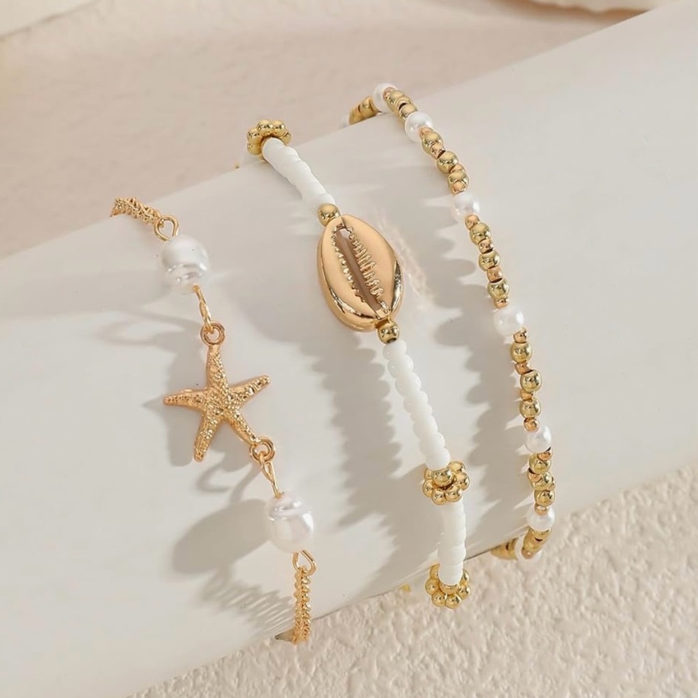 Gold and White Beaded Bracelet Set